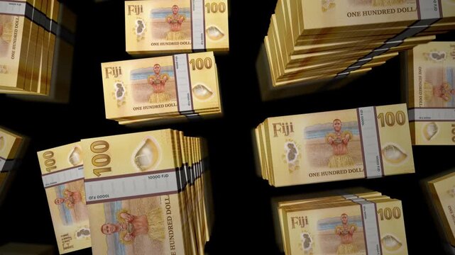 Fiji dollars Fijian money notes packs loop. 3D flight over 100 FJD banknotes stacks towers. Loopable seamless abstract background concept of business, economy crisis and finance.