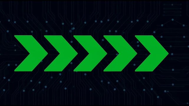A closeup view of four green arrows pointing right on dark background