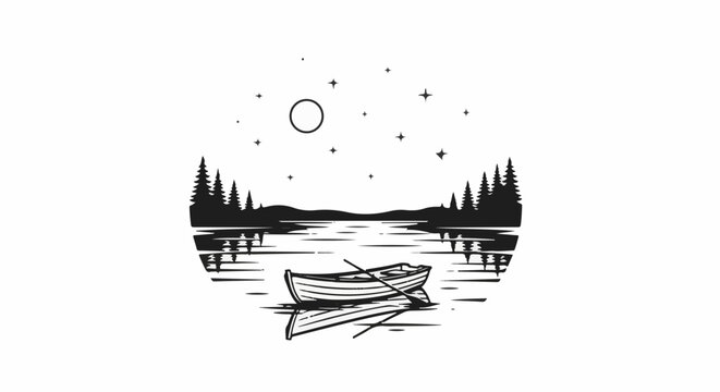 Serene nighttime scene of a rowboat on a lake under a starry sky