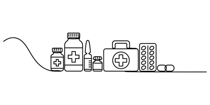 A minimalist black and white line art illustration showing various medical supplies and items