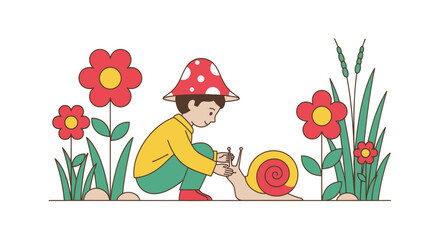 A curious boy wearing a mushroom hat gently interacts with a snail in a colorful garden. © Gozel