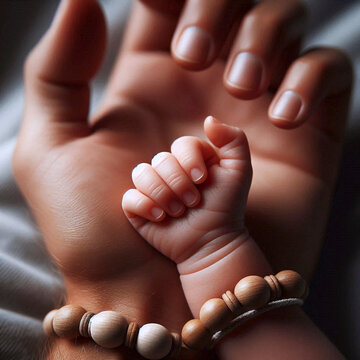 A babys tiny hand gripping an adults finger, both adorned with a simple, matching beaded bracelet, Ai generated image