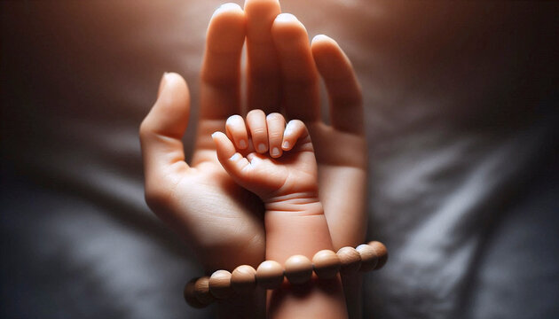 A babys tiny hand gripping an adults finger, both adorned with a simple, matching beaded bracelet, Ai generated image