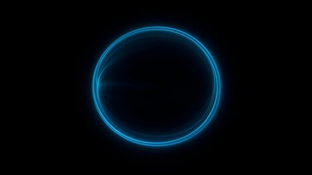 Abstract glowing blue circle and neon ring on black background with digital glow, blue oval light, purple circle, dark empty center, copy space, empty space, SEO friendly abstract background