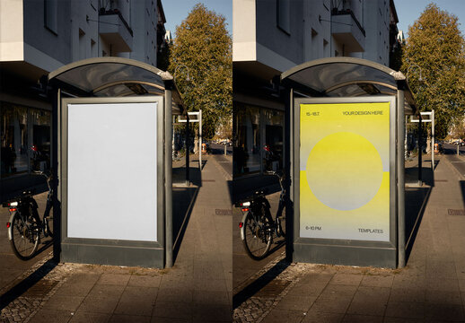 Mockup Of Customized Vertical Sign On Bus Stop