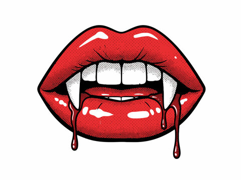 Vampire Lips with Fangs and Dripping Blood Pop Art Illustration