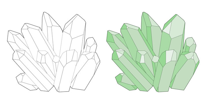 Hand drawing crystals of different sizes. Black outline. Coloring page. 