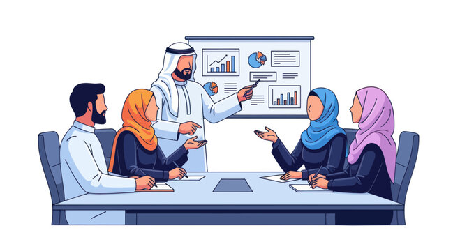 Middle Eastern business team in a meeting, presenting charts on whiteboard