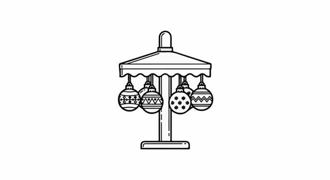 A simple line drawing of a carousel with patterned spheres hanging from it