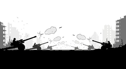 Obraz premium Artillery Battle Silhouette: Destroyed Cityscape, War Conflict, Military Action, Smoke, Explosions