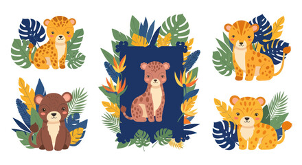 Cute Cartoon Jungle Animals and Tropical Leaves Vector Illustration Set © siti