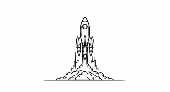 A simple line drawing of a rocket blasting off with smoke and fire