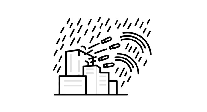 City Under Attack: Buildings Hit by Rain and Debris, Sound Waves Emanating