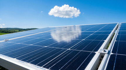Obraz premium Bright Blue Sky Above Solar Panels with Green Landscape in the Background