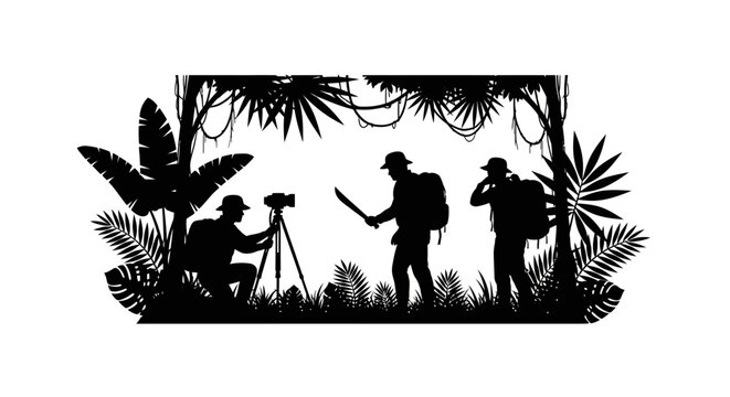 Explorers in jungle silhouette, photographer with tripod, machete adventurer, nature expedition