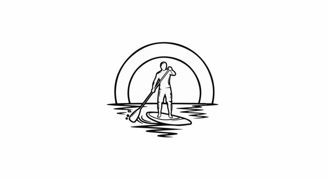 Silhouette of person paddleboarding on water under a semi-circle