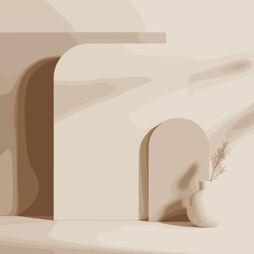 Minimalist abstract background with arches and platforms in earthy tones, featuring a small vase with dried pampas grass.