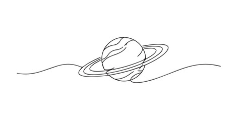 single line saturn planet.continuous line drawing of ringed planet floating in space.cosmic and astronomy concept.one line vector illustration. © bakul garis