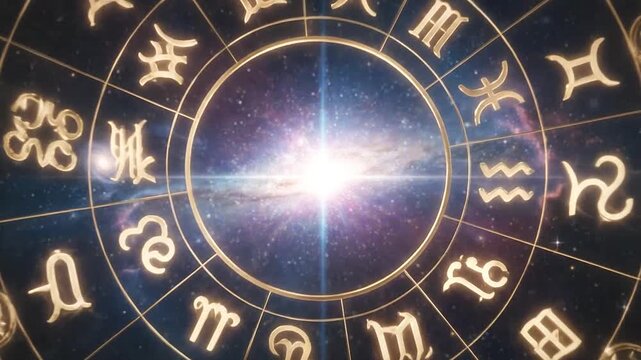 A glowing golden zodiac wheel with symbols against a cosmic, starry background in space