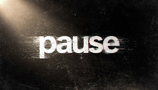 Abstract grunge background with the word "pause" in distressed white text across the center, featuring a dramatic light beam from the top left, evoking a vintage, retro, or cinematic feel