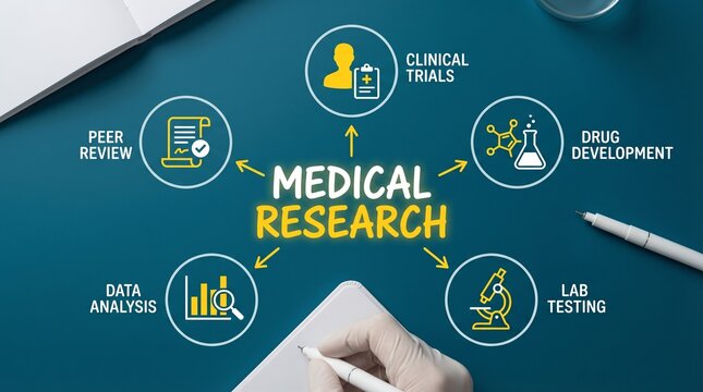 A detailed infographic depicting the core elements of medical research including clinical trials, drug development, lab testing, data analysis, and peer review.