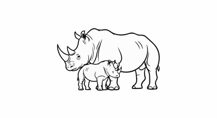 Fototapeta premium Line drawing of a mother and baby rhinoceros standing together