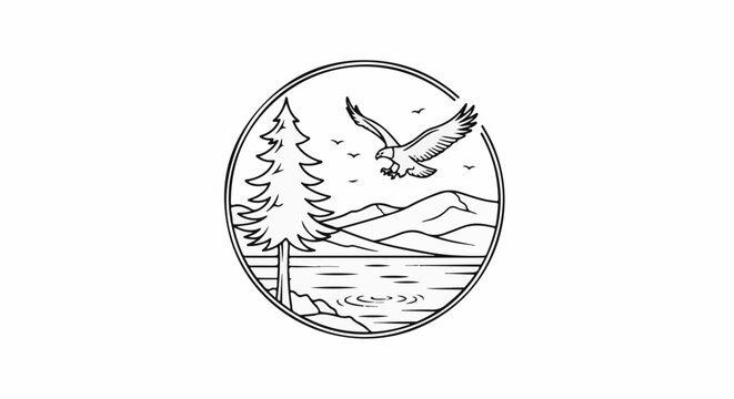 Majestic eagle soars over serene lake and pine forest with distant mountains