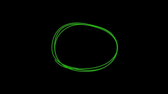round frame hand drawing, round selection, circle self drawing animation. Irregular circle drawing. green color line. isolated on black background. 4K Video