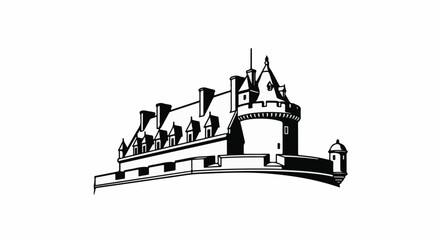 Obraz premium Ornate black and white illustration of a castle with turrets and dormer windows