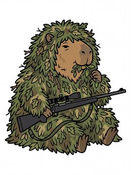 Premium absurd military graphic design. Lazy capybara sniper wearing camouflage ghillie suit and eating its own leaves. Vector isolated