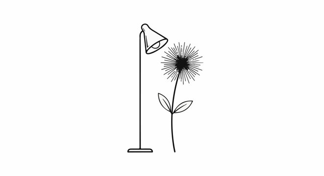 Simple line art of a floor lamp and a dandelion flower