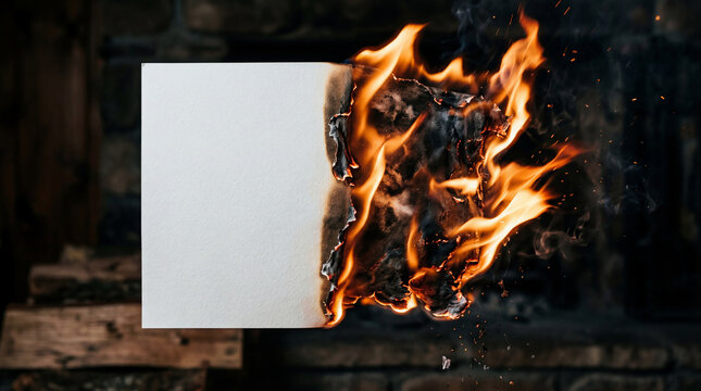 White paper burning with orange flames in a dark background with bricks