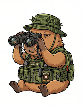 Premium funny tactical graphic design. Lazy capybara scout looking through binoculars with typography patches. Vector isolated