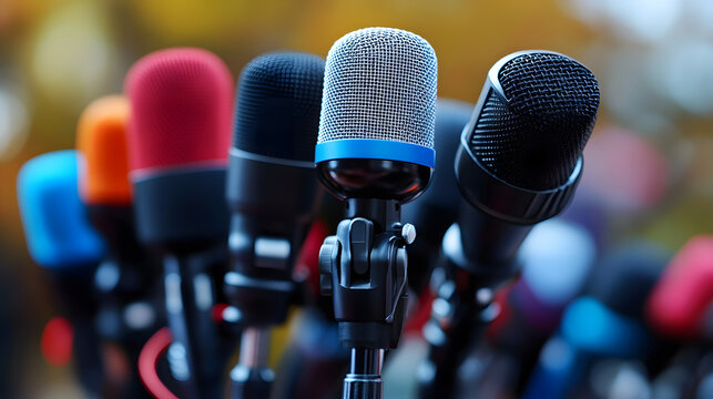 Different microphones are arranged in a group with varied colors on a stand outdoors during a bright day
