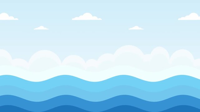 Minimal Flat Cartoon Animation  Of Ocean Waves With Soft Clouds And Blue Sky On A Clean Background.  Layered Wave Shapes Creating A Calm And Loop Seascape Horizon, 