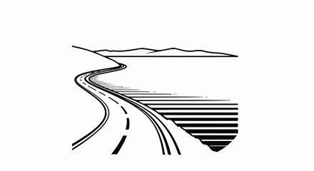 Naklejka premium A winding black and white road curves through a landscape with distant hills