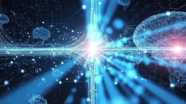 Abstract digital illustration of a network with glowing nodes and connected brains