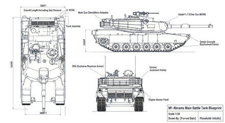 M1 Abrams Battle Tank Blueprint - Technical Drawing and Schematics © Soheh