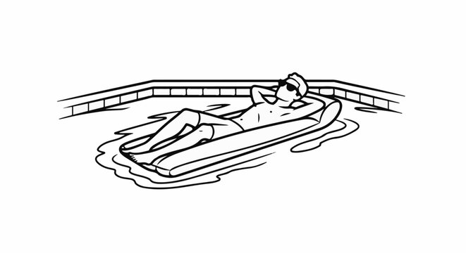Person relaxing on an inflatable mattress in a swimming pool, wearing sunglasses and a towel