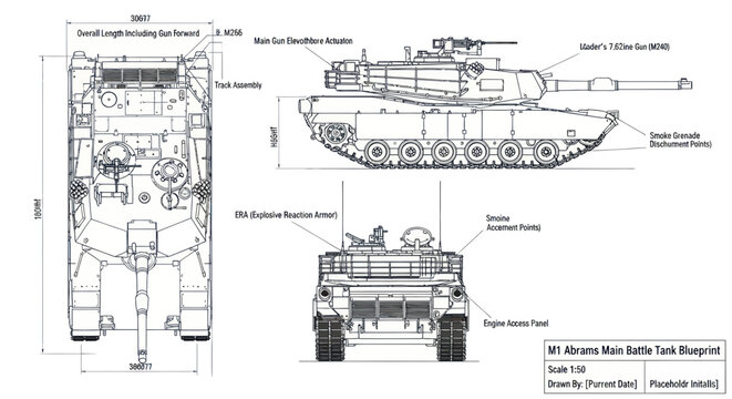 M1 Abrams Battle Tank Blueprint - Technical Drawing and Schematics