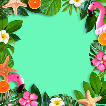 Summer tropical composition with copy space for a text, pink flamingo, orange, seashells with monstera leaves