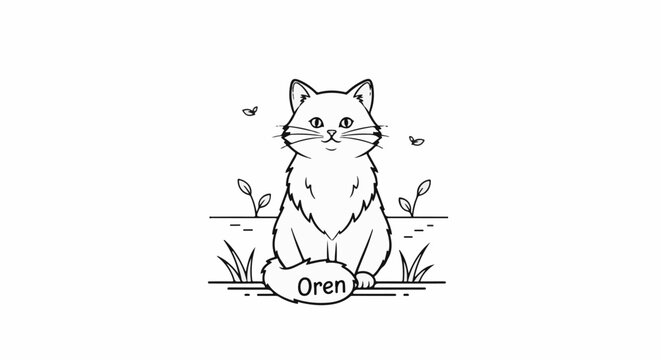 A playful line drawing of a fluffy cat named Oren sitting outdoors amongst plants and butterflies