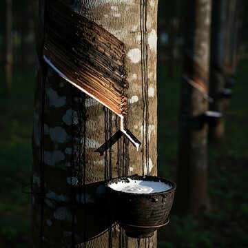 Natural rubber latex harvesting from hevea tree trunk in tropical plantation.