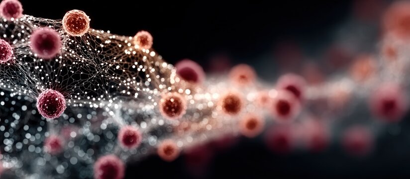 Spherical red/orange objects connected by a network on a dark backdrop