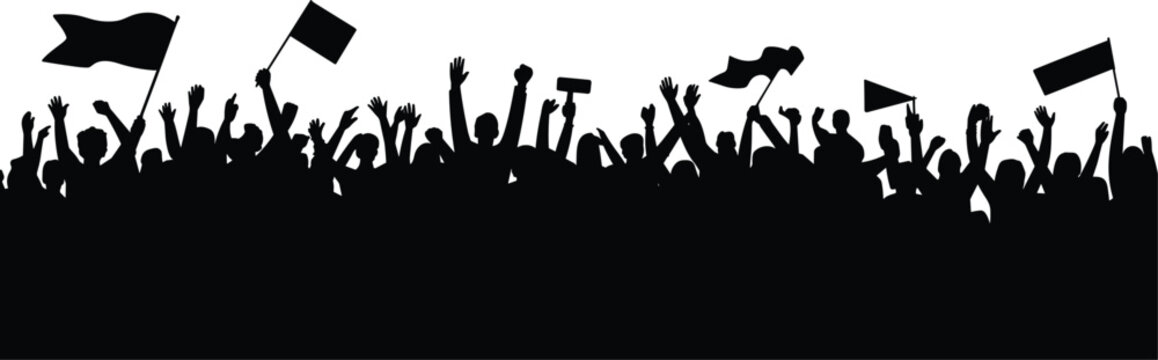 Crowd, people, silhouettes, waving flags, protest, demonstration, rally, black and white, vector graphics