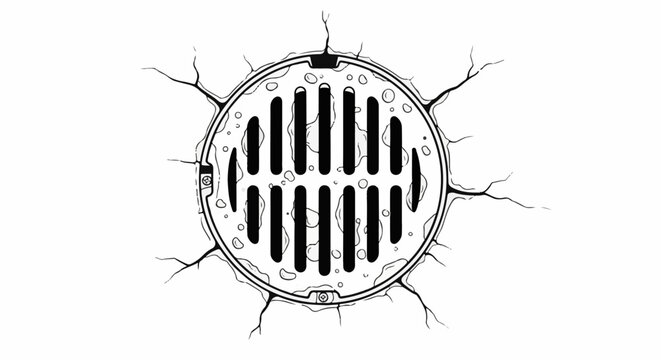 A rough, circular sewer grate with cracks emanating outwards on a white background