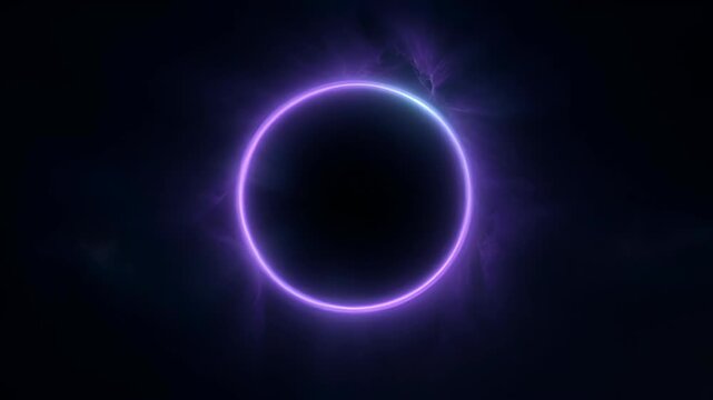 Glowing purple ring dark background, abstract neon circle with electric light and futuristic cosmic glow, glowing purple ring dark space with abstract light halo and energy aura, cosmic eclipse