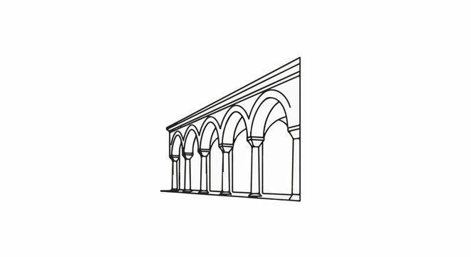 A line drawing of a series of arches supported by columns, viewed from an angle