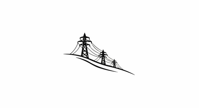 Stylized black and white illustration of three power pylons on a sloping hill