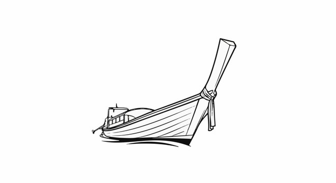 Stylized line drawing of a narrow, long wooden boat with a tall, pointed prow and a motor